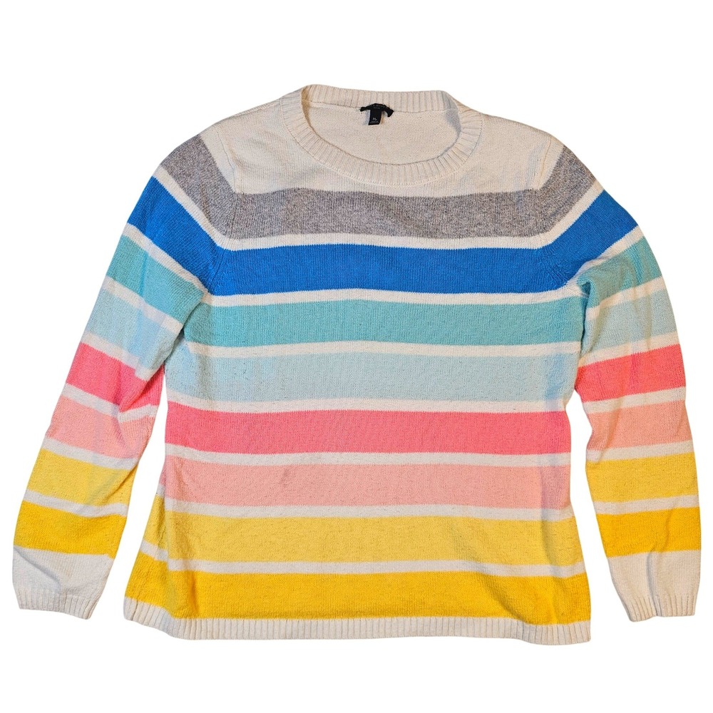Talbots Petite Medium Multi Color Striped Crewneck Sweater Blue Pink Yellow MP